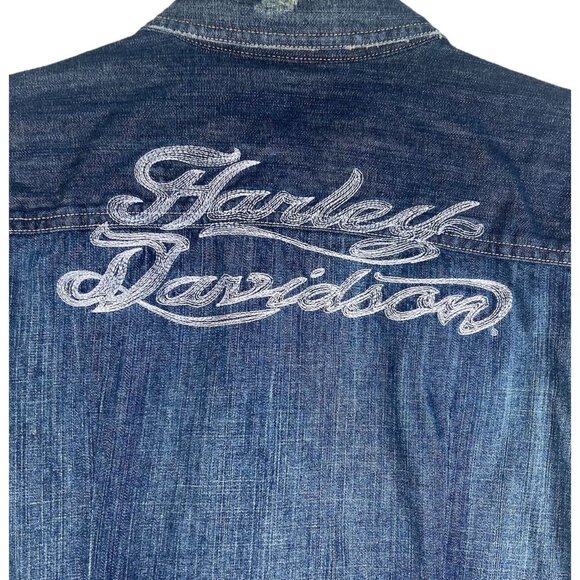 Harley Davidson Womens Embroidered Pearl Snap Button Beaded Denim Shirt Sz Small - Picture 9 of 12